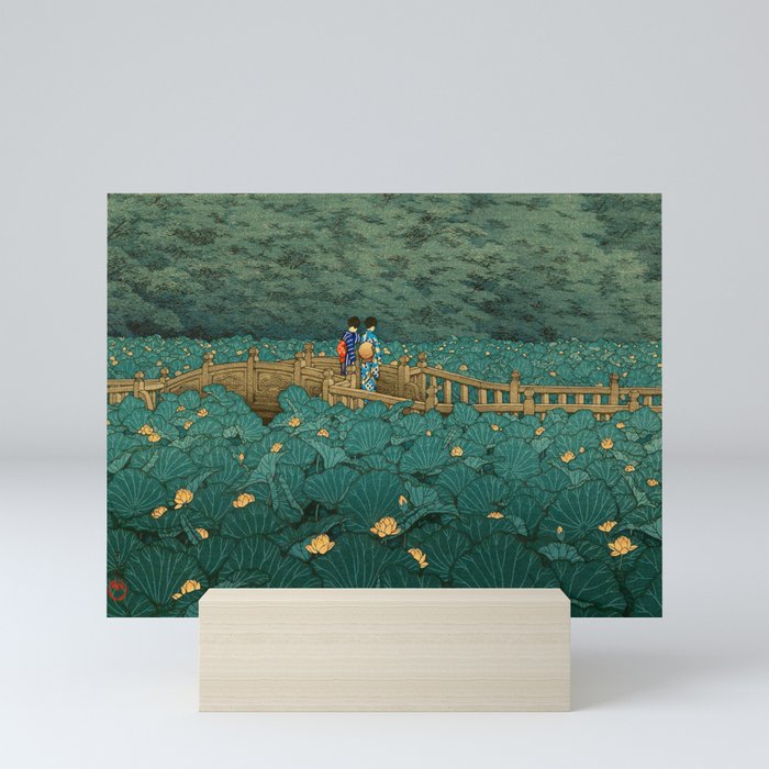 Vintage Japanese Woodblock Print Kawase Hasui Japanese Children Lotus Flowers Garden Wooden Bridge Mini Art Print