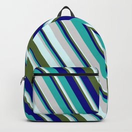 [ Thumbnail: Blue, Light Sea Green, Light Gray, Light Cyan & Dark Olive Green Colored Pattern of Stripes Backpack ]