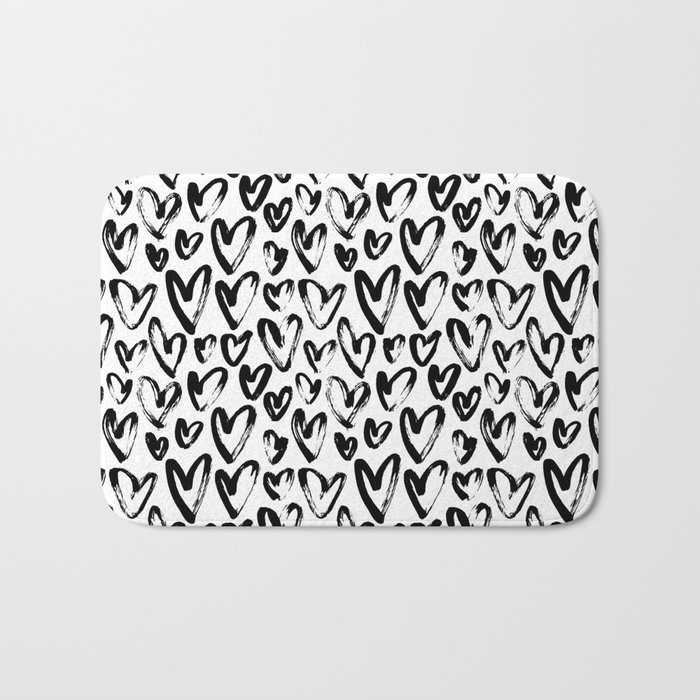 Black and White Hand Drawn Hearts Pattern  Bath Mat