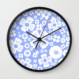 Modern Retro Light Denim Blue and White Daisy Flowers Wall Clock
