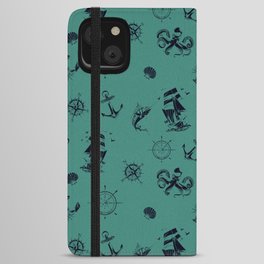 Green Blue And Blue Silhouettes Of Vintage Nautical Pattern iPhone Wallet Case