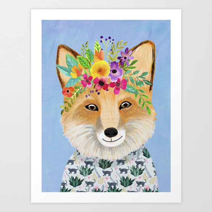 Fox with floral crown Art Print