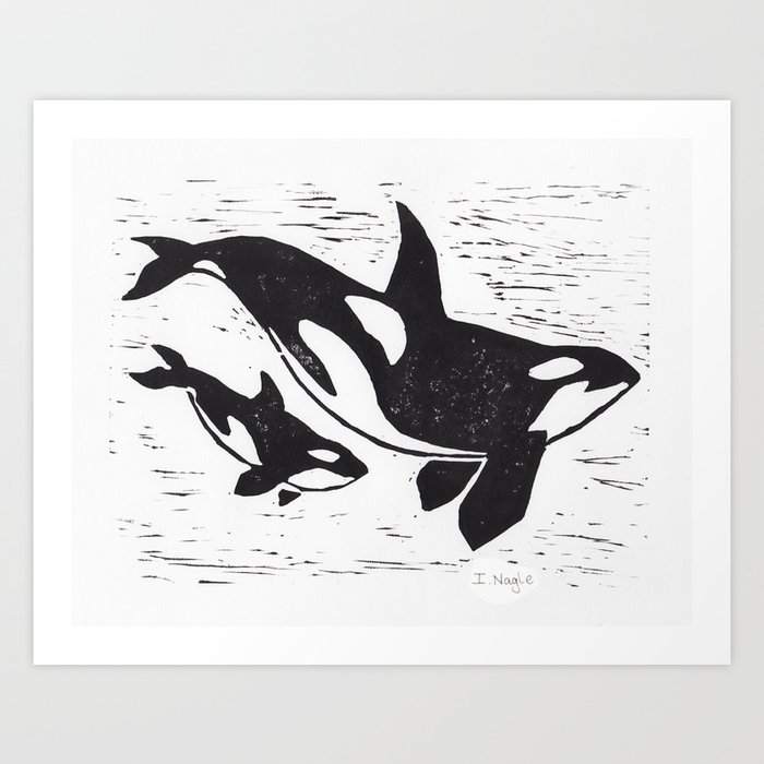 Lino cut Orca and calf Art Print