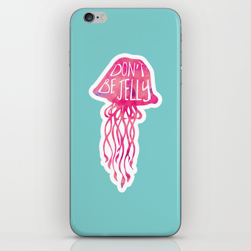 Don't be jelly - funny pun design - jellyfish, jealous, envy, resent, lol,  humor, humorous, marine life, sea, beach, pink, watercolor, cute, fun,  sticker iPhone Skin by hitechmom | Society6
