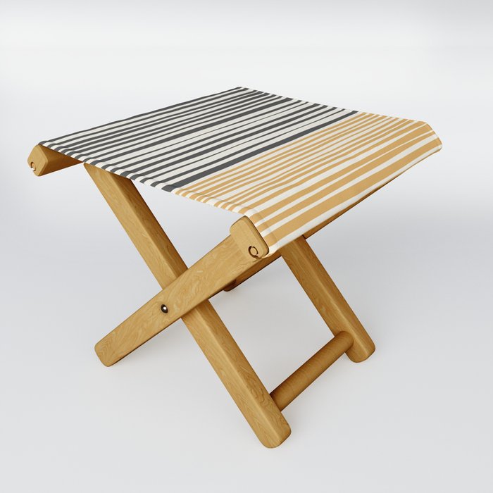 Natural Stripes Modern Minimalist Colour Block Pattern Charcoal Grey, Muted Mustard Gold, and Cream Beige Folding Stool