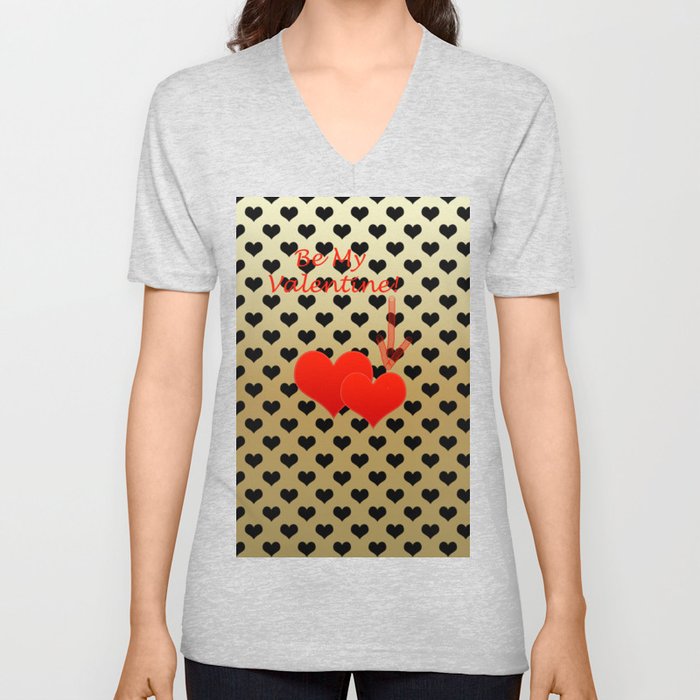 Two red hearts in tandem on black hearts pattern V Neck T Shirt