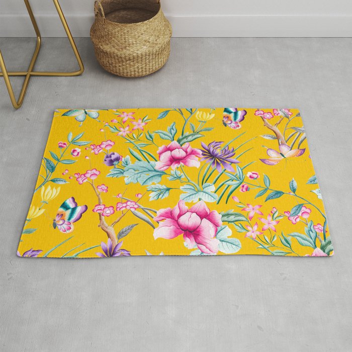 Chinoiserie mustard yellow floral Rug by Peggie Prints Society6