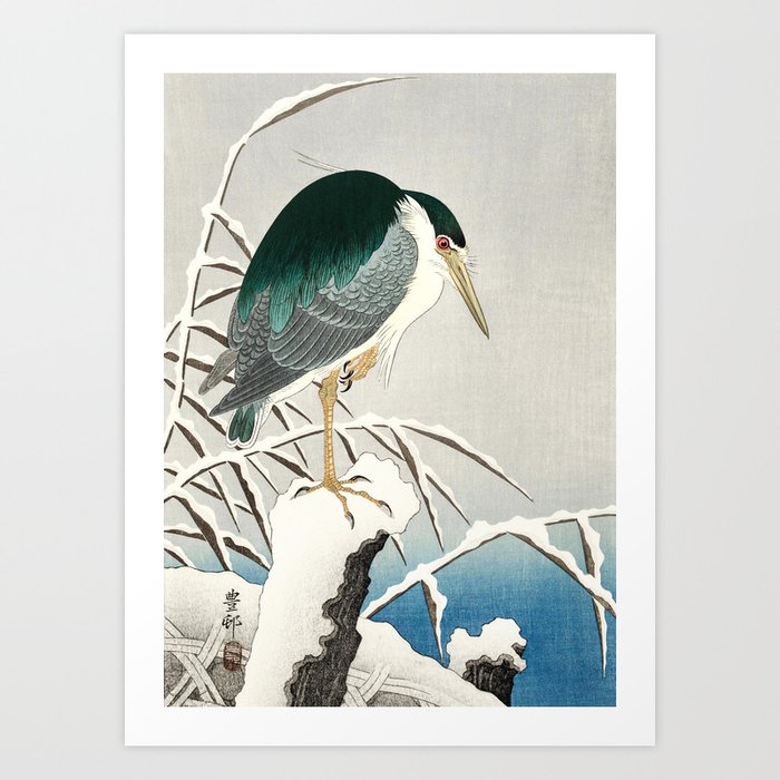 Heron in snow - Japanese vintage woodblock print art Art Print