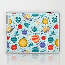 Paper space adventure I // aqua background multicoloured solar system paper cut planets origami paper spaceships and rockets Laptop Skin