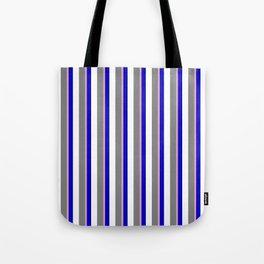 [ Thumbnail: Eyecatching Blue, Plum, Grey, White, and Black Colored Lines Pattern Tote Bag ]