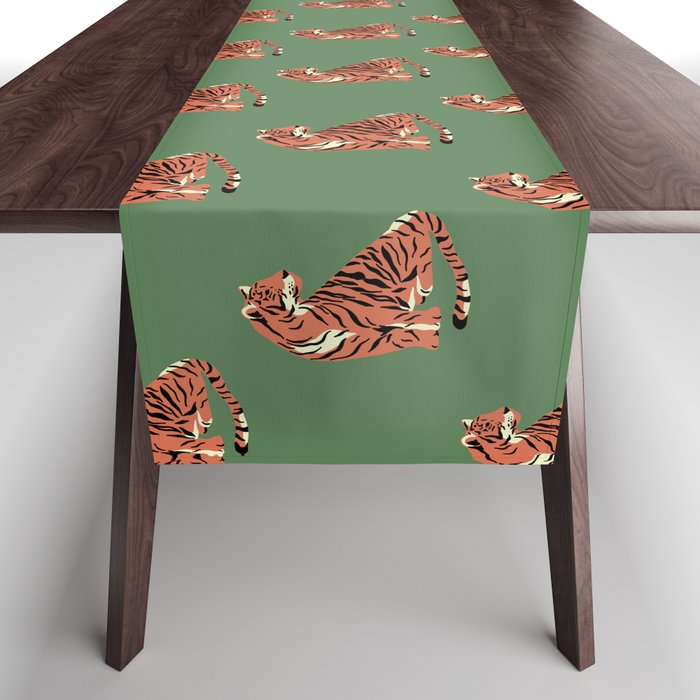 sitting tiger on green Table Runner