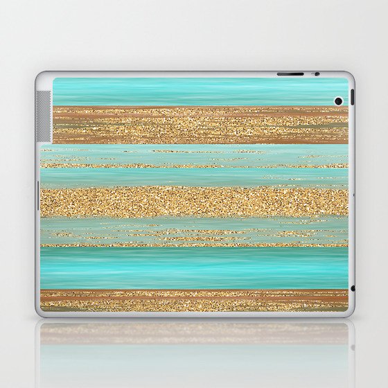 Turquoise Brown Faux Gold Glitter Stripes Pattern Laptop & iPad Skin