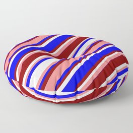 [ Thumbnail: Light Coral, Blue, Maroon, and White Colored Stripes Pattern Floor Pillow ]