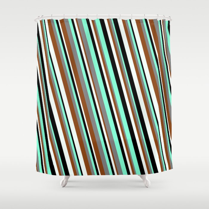 Eyecatching Aquamarine, Gray, Brown, Mint Cream, and Black Colored Striped/Lined Pattern Shower Curtain