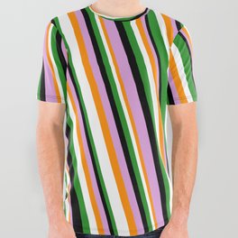 [ Thumbnail: Eye-catching Forest Green, Black, Plum, Dark Orange, and White Colored Striped Pattern All Over Graphic Tee ]