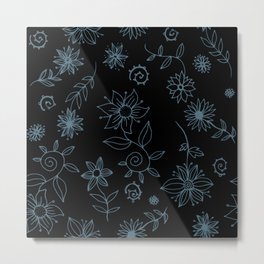 Sweet whirling flowerbed pattern - blue on black Metal Print | Graphicdesign, Garden, Summer, Winter, Flowerbed, Gardening, Ink, Naive, Pattern, Happy 