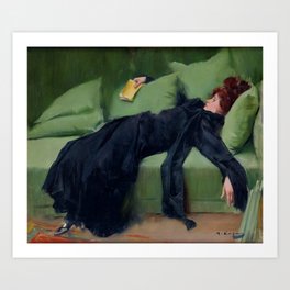 Decadent Young Woman after the Dance Art Print | Woman, Book, Reading, Artnouveau, Vintage, Green, Retro, Casas, Couch, Painting 