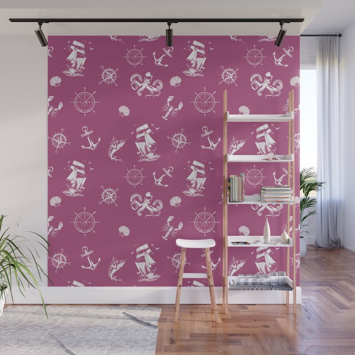 Magenta And White Silhouettes Of Vintage Nautical Pattern Wall Mural
