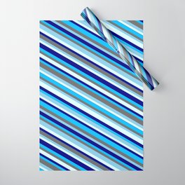 [ Thumbnail: Vibrant Dim Gray, Sky Blue, Light Cyan, Blue & Deep Sky Blue Colored Lined/Striped Pattern Wrapping Paper ]