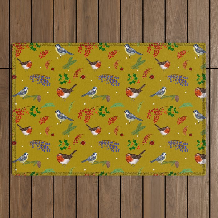 Christmas,festive winter birds pattern ,mustard colour. Outdoor Rug