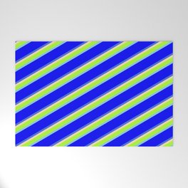 [ Thumbnail: Beige, Light Green, Sky Blue, Blue & Royal Blue Colored Pattern of Stripes Welcome Mat ]