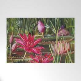 Tropical Red Water Lily & Summer Dragonflies still life painting by Marianne North Welcome Mat