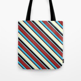 [ Thumbnail: Light Yellow, Deep Sky Blue, Brown & Black Colored Lines/Stripes Pattern Tote Bag ]