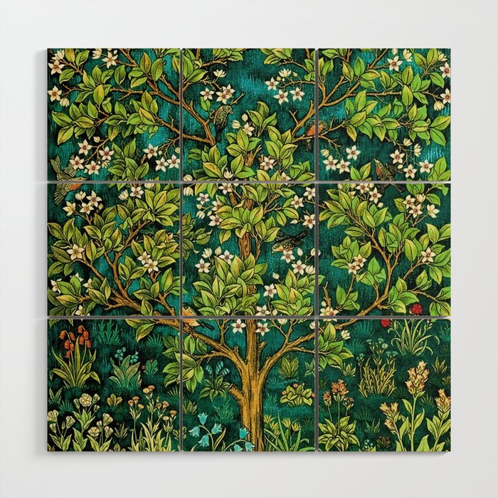 William Morris Tree of Life Emerald Twilight floral textile 19th century pattern print for drapes, curtains, pillows, duvets, comforters, and home and wall decor Wood Wall Art