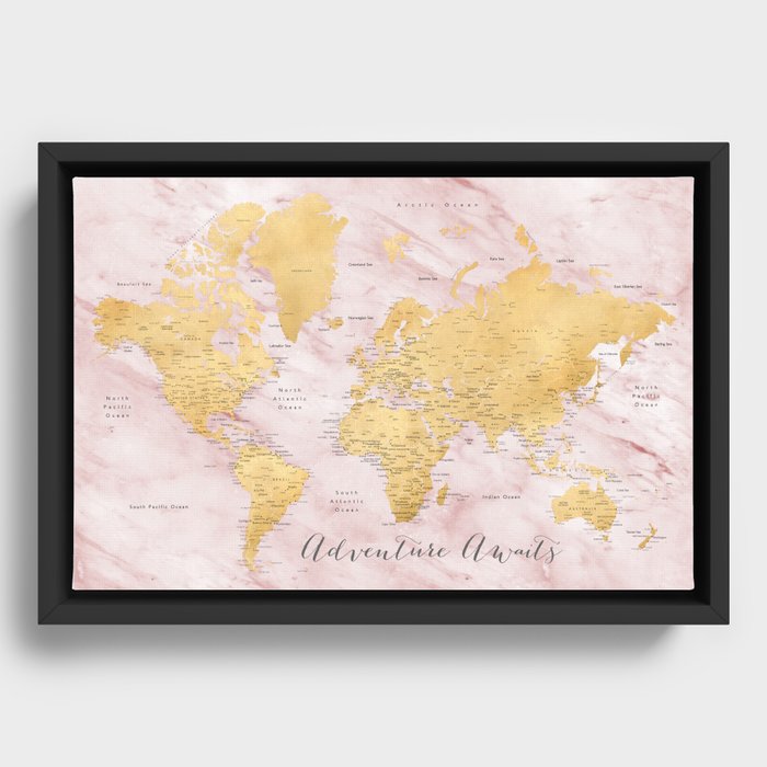 Adventure awaits, gold and pink marble detailed world map, "Sherry" Framed Canvas
