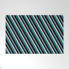 [ Thumbnail: Pink, Teal, and Black Colored Lined/Striped Pattern Welcome Mat ]