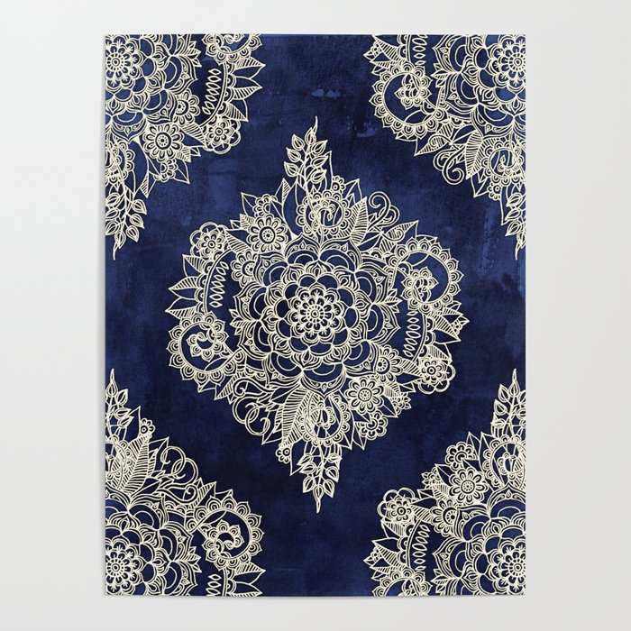 Cream Floral Moroccan Pattern on Deep Indigo Ink Poster