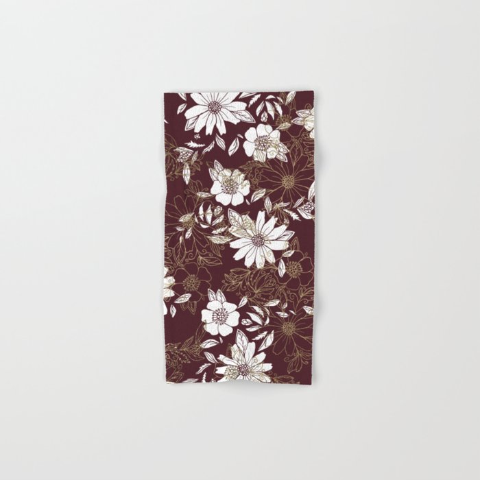 Elegant burgundy white faux gold modern flowers Hand Bath Towel by Pink Water Society6