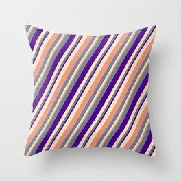 [ Thumbnail: Slate Gray, Indigo, Bisque & Dark Salmon Colored Stripes/Lines Pattern Throw Pillow ]