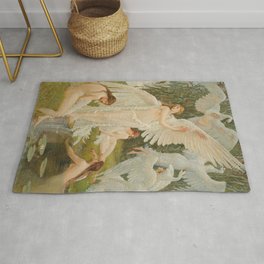 White Swans and the Maidens angelic garden landscape painting by Walter Crane  Area & Throw Rug