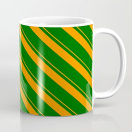 [ Thumbnail: Dark Orange & Dark Green Colored Lines Pattern Coffee Mug ]