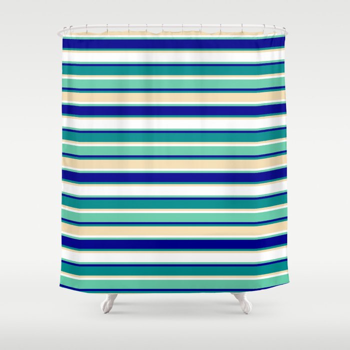 Colorful Aquamarine, Dark Blue, Dark Cyan, Tan & White Colored Stripes/Lines Pattern Shower Curtain
