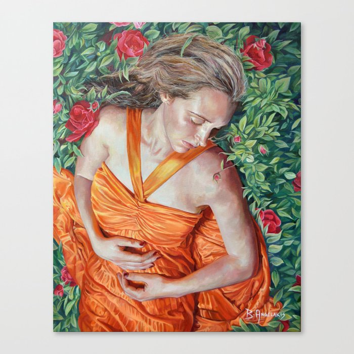 A Garland of Slumber, oil painting portrait of sleeping beauty in roses, orange dress, summer, angel Canvas Print