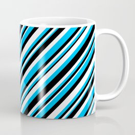 [ Thumbnail: Deep Sky Blue, Black, and White Colored Lined Pattern Coffee Mug ]