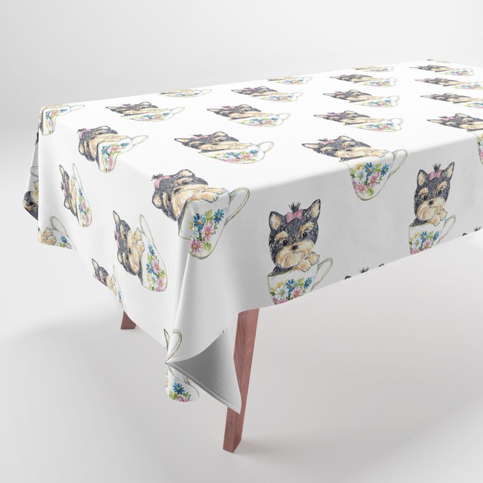  Yorkie Yorkshire Terrier tea cup watercolor painting Tablecloth