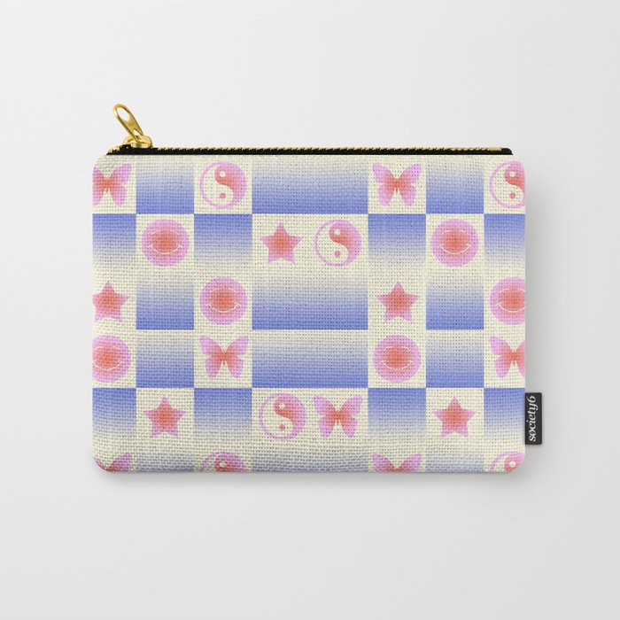 Checkered Symbols (YIN YANG/BUTTERFLY/SMILEY FACE/STAR) Carry-All Pouch | Graphic-design, Pattern, Checkered, Smiley-face, Check, Star, Simple, Face, Butterfly, Gradient