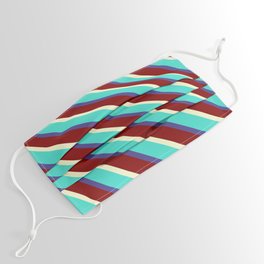 [ Thumbnail: Light Yellow, Turquoise, Dark Slate Blue, and Maroon Colored Stripes Pattern Face Mask ]