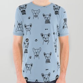 Pale Blue and Black Hand Drawn Dog Puppy Pattern All Over Graphic Tee
