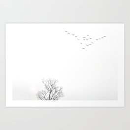 Black and White Landscape With Tree and Birds Art Print
