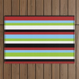 [ Thumbnail: Red, Light Sky Blue, Green, White & Black Colored Lined Pattern Outdoor Rug ]
