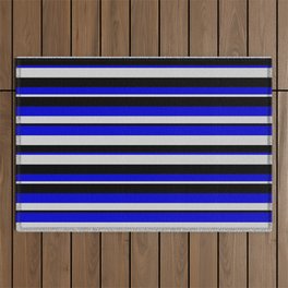 [ Thumbnail: Blue, Light Gray & Black Colored Striped Pattern Outdoor Rug ]