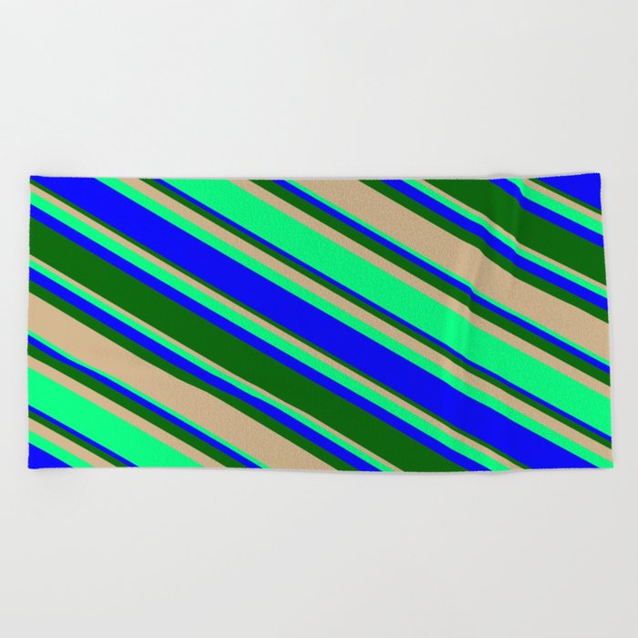 Tan, Green, Blue, and Dark Green Colored Lines/Stripes Pattern Beach Towel
