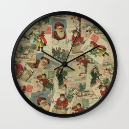 Vintage Christmas Postcard Collage Print - Santa / Stamps / Pattern / Victorian Wall Clock
