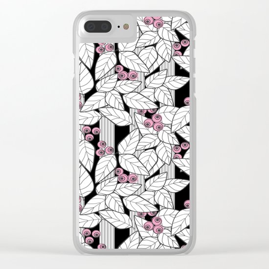 Pink berries on black and white striped background . Clear iPhone Case