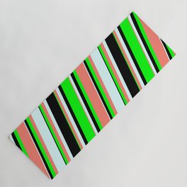 [ Thumbnail: Lime, Salmon, Light Cyan, and Black Colored Striped Pattern Yoga Mat ]