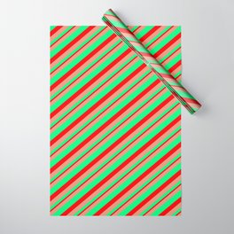 [ Thumbnail: Dark Salmon, Green & Red Colored Striped Pattern Wrapping Paper ]